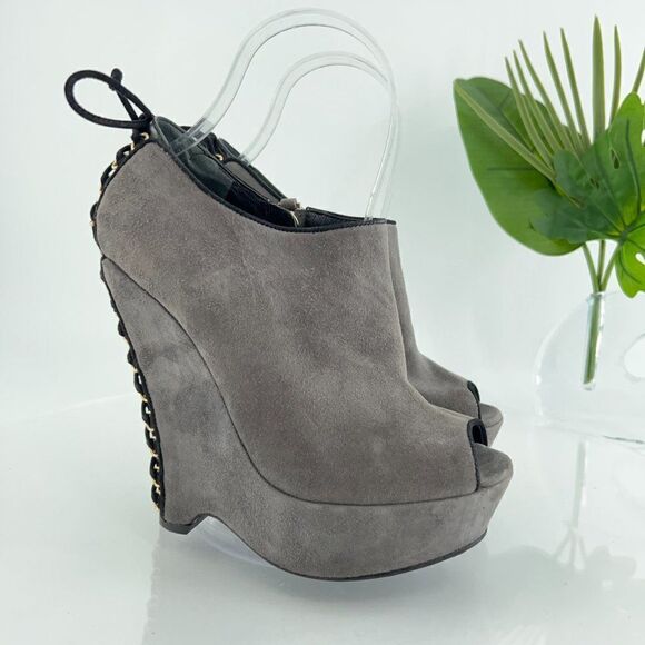 Saint Laurent Madge Suede Wedge Boots Women's Size 36 6 Gray Platform Lace Up - Picture 1 of 16